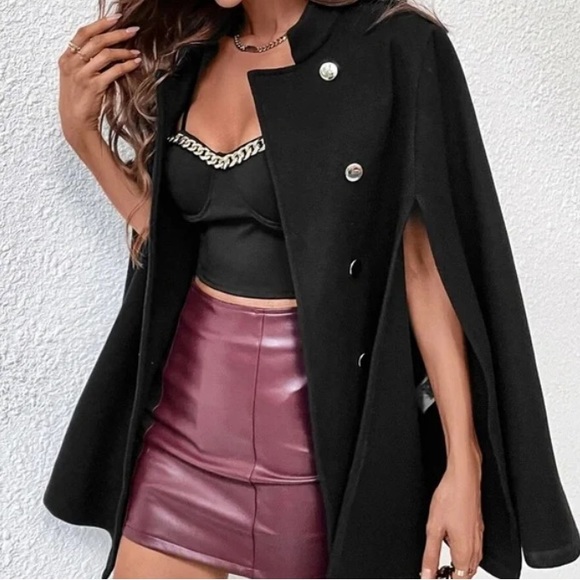 Luxe Black Double Breasted  Button Cape Coat - Picture 4 of 5